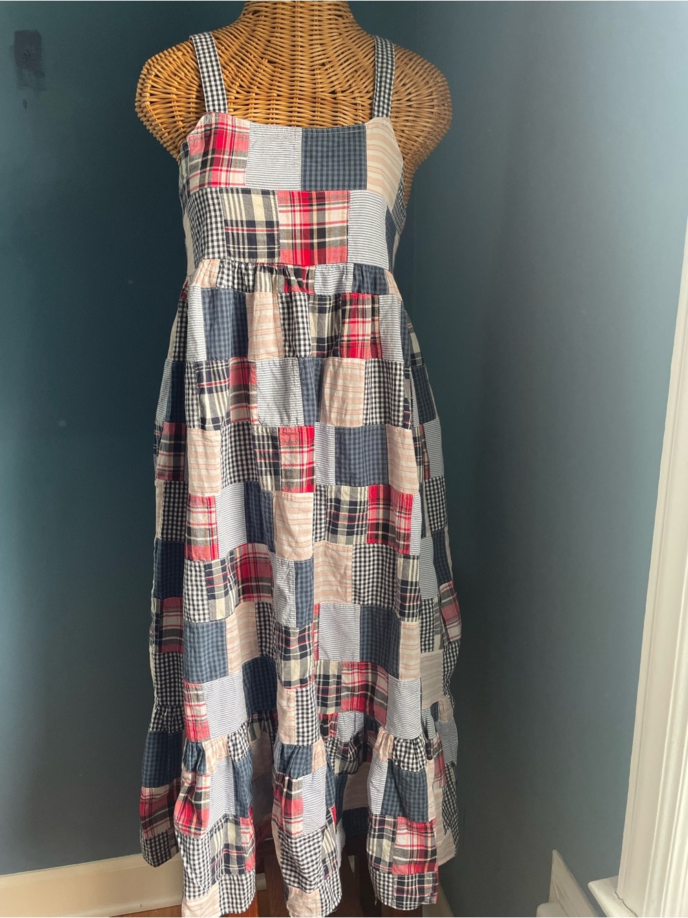 Patchwork Plaid Maxi Dress in Red, Blue & Cream
